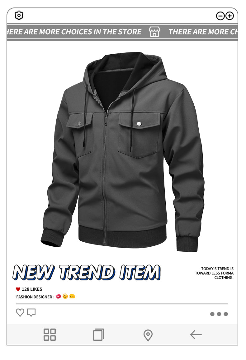 Leisure and sports versatile multi pocket hooded cardigan workwear composite long sleeved sweatshirt jacket