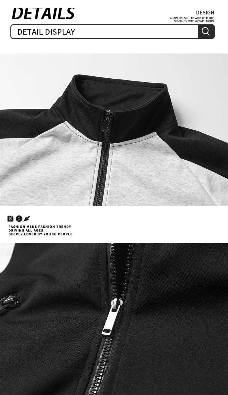 Casual sports versatile color blocking patchwork stand up collar cardigan composite long sleeved sweatshirt jacket