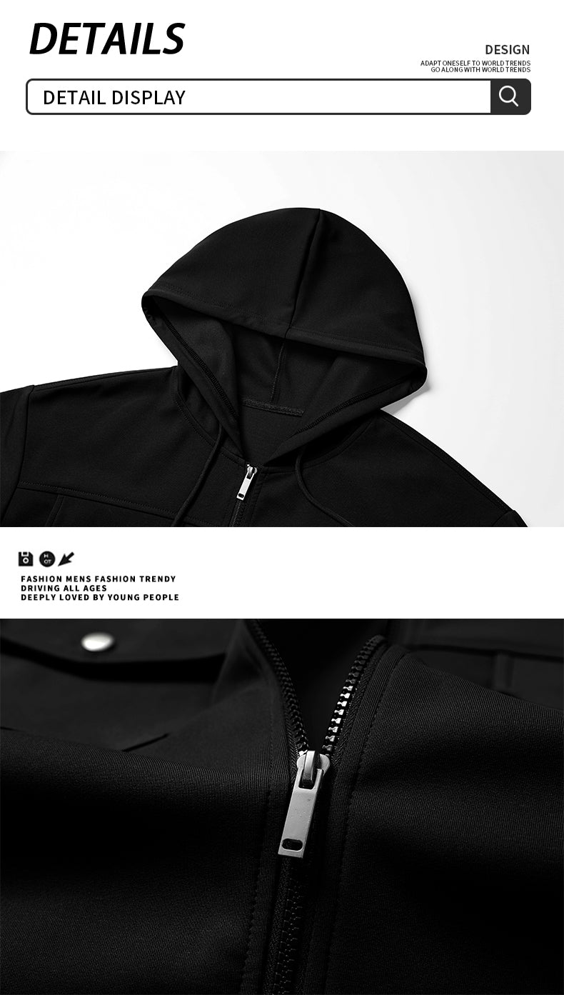 Leisure and sports versatile multi pocket hooded cardigan workwear composite long sleeved sweatshirt jacket